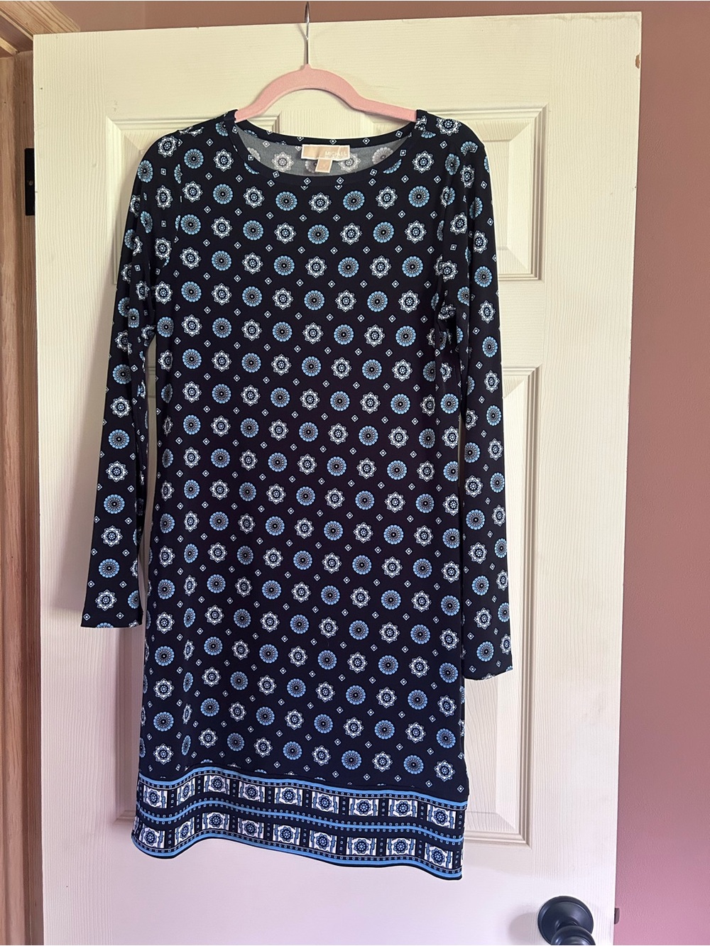 Michael Kors Navy Blue Long-Sleeve Geometric Print Dress